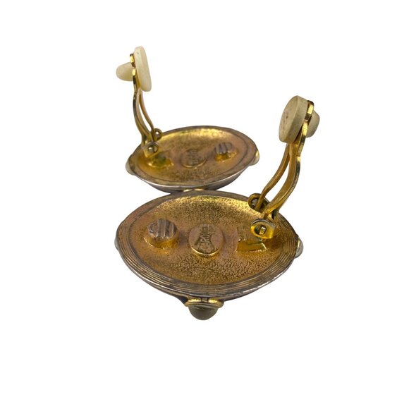 Carolee Womens Gold Tone/Black Clip-On Round Earrings Large Faux Pearl - Picture 3 of 5